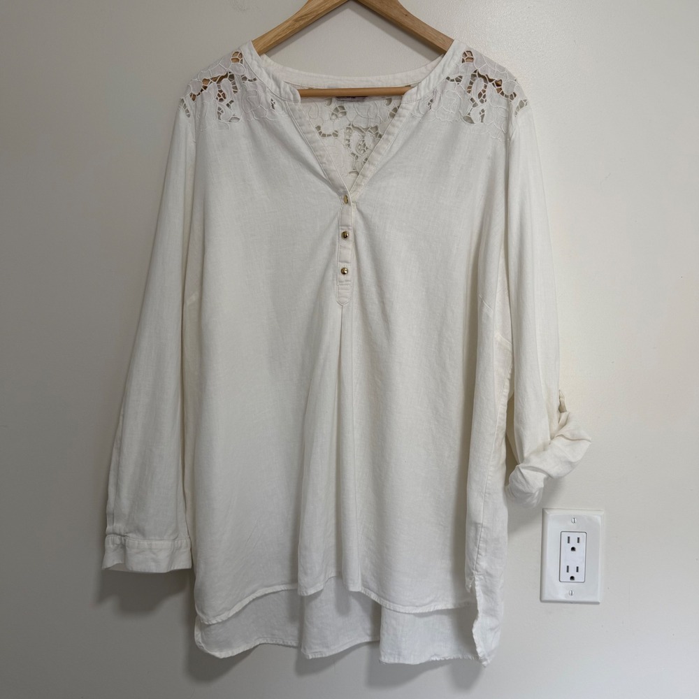 M&S Collection Lace Trim Linen Blend Blouse Womens 20 Ivory Roll Tab Tunic